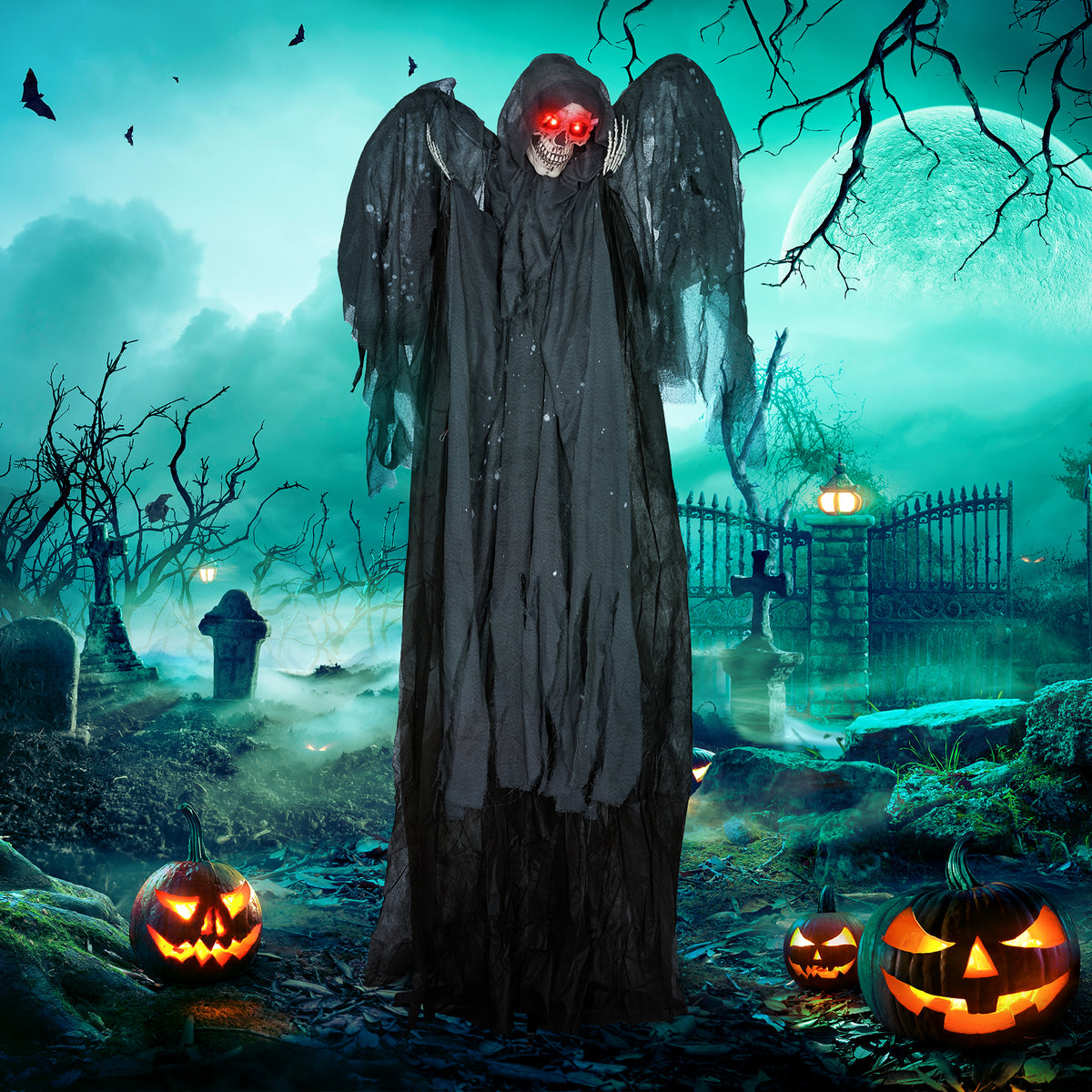 6.4' Life Size Winged Grim Reaper Outdoor Halloween Decoration Animatronic, Animated Prop w/ Light Up Eyes