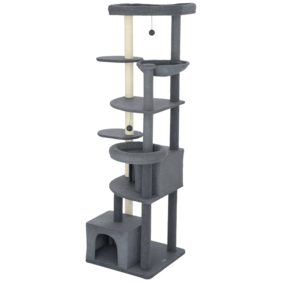 79" Extra Tall Cat Tree with Scratching Posts, Perches, Caves, Hammock, Pompoms, for 2-3 Indoor Cats, Dark Grey