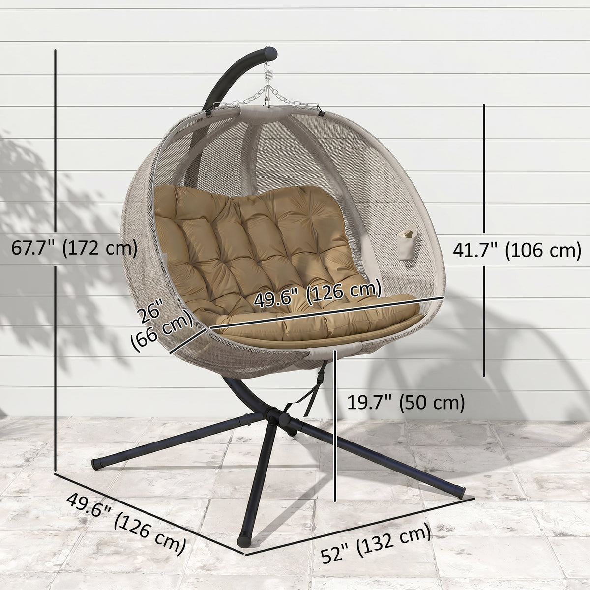 Double Egg Chair with Stand, 2 Person Hanging Swing Egg Chair with Cushion, Pockets, Khaki