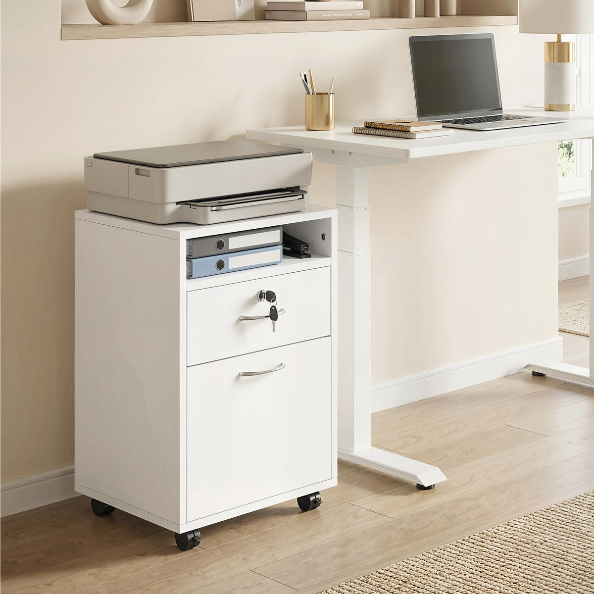 24" Vertical Filing Cabinet with Lockable Drawer, Mobile File Cabinet with 2 Keys, Wheels for Home Office, White