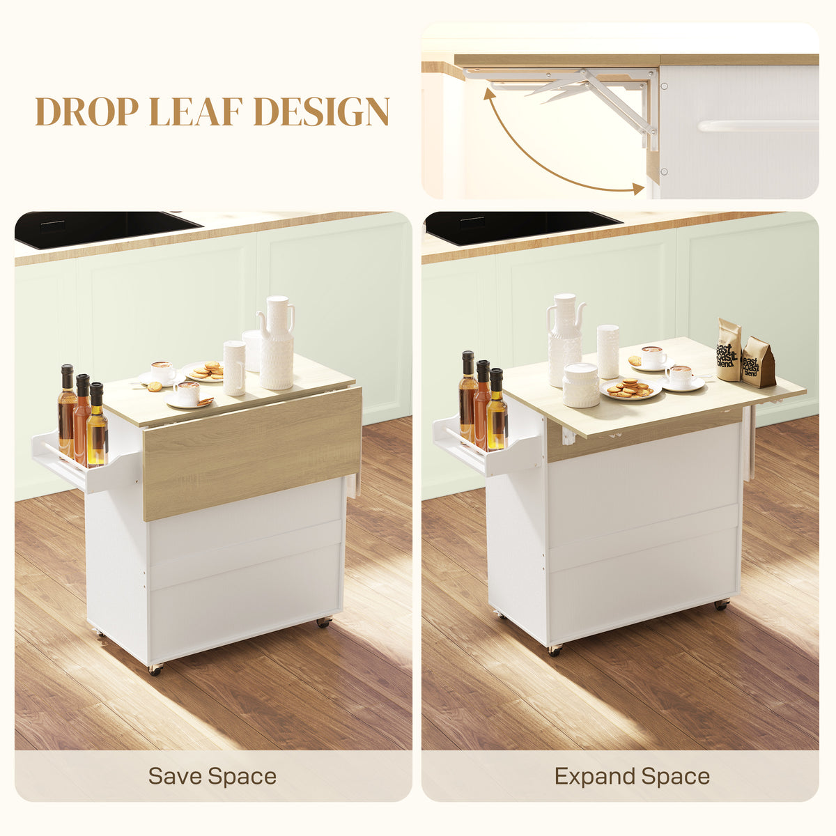 Rolling Kitchen Island with Drop Leaf, Kitchen Storage Cart with Drawer, Spice Rack and Towel Rack, White