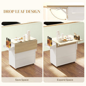 Rolling Kitchen Island with Drop Leaf, Kitchen Storage Cart with Drawer, Spice Rack and Towel Rack, White
