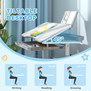 Qaba Height Adjustable Kids Desk and Chair Set with Tilt Desktop, Large Writing Board, Storage Drawer, Book Stand