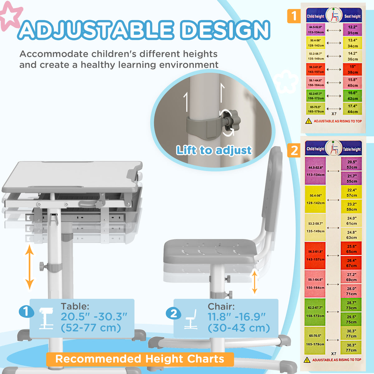Qaba Height Adjustable Study Table and Chair Set with Drawer, Pen Slot, Tiltable Desktop, Hook