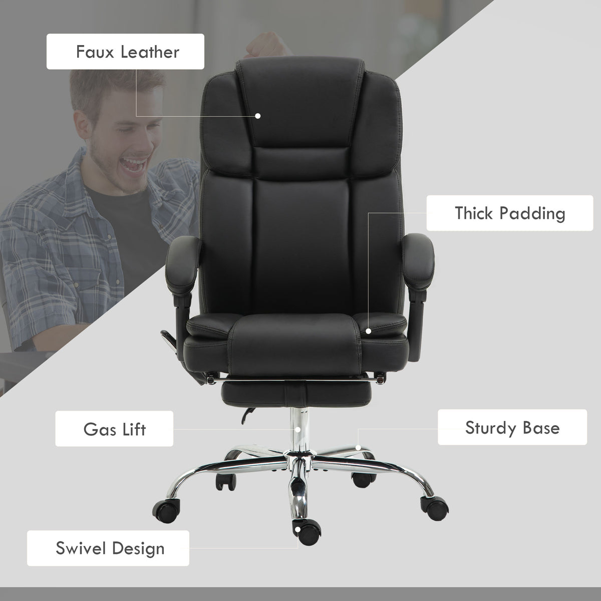 Massage Office Chair, Reclining Executive Office Chair with 6-Point Vibration, Footrest and High Back, Black – view 6