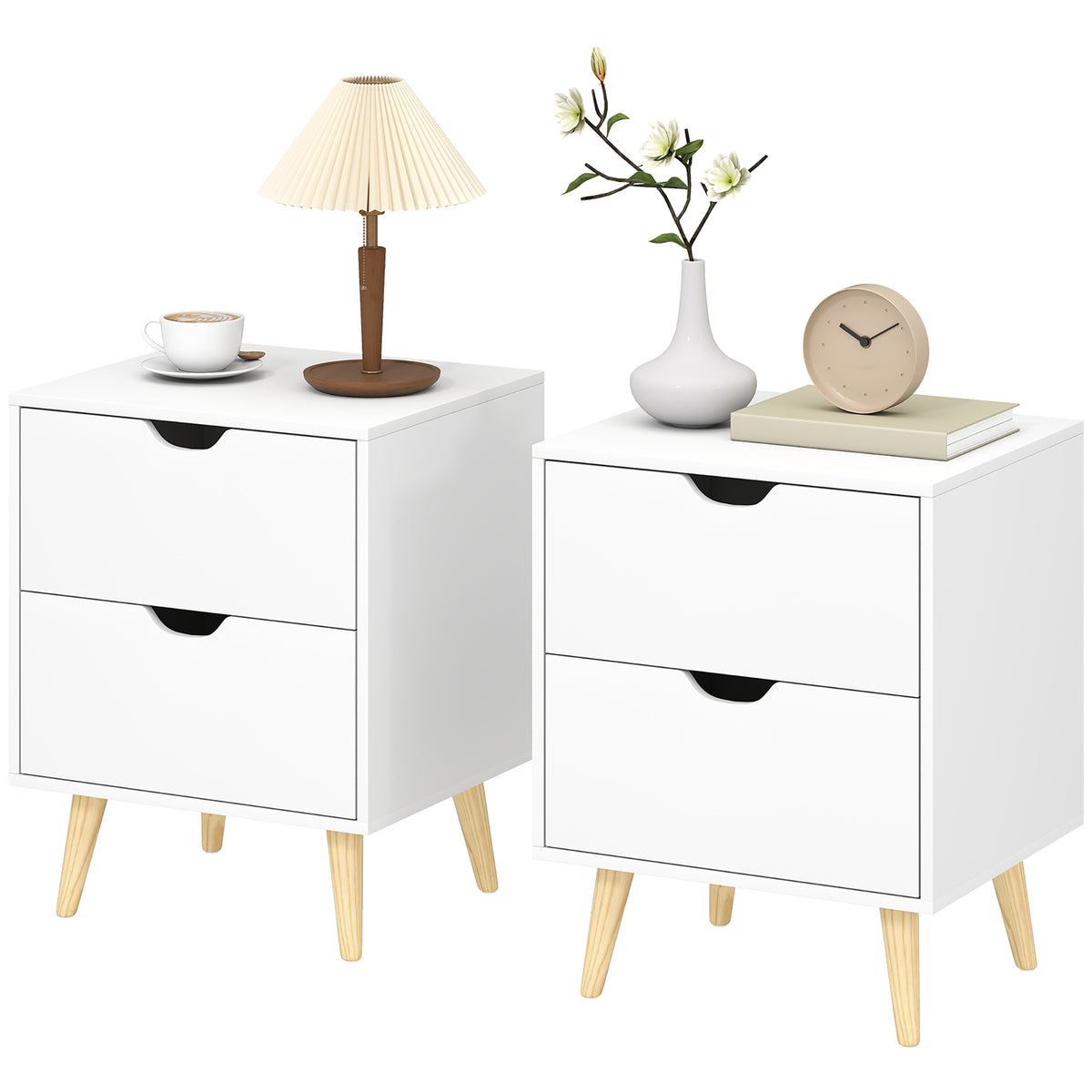 Modern Bedside Table, Nightstand with 2 Drawers and Pine Wood Legs for Bedroom, Living Room, White – view 22