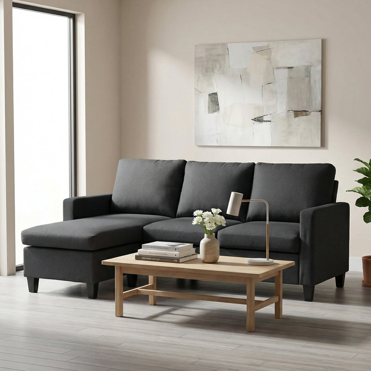 L-Shape Sofa, Modern Sectional Couch with Ottoman, Corner Sofa for Living Room, Dark Grey