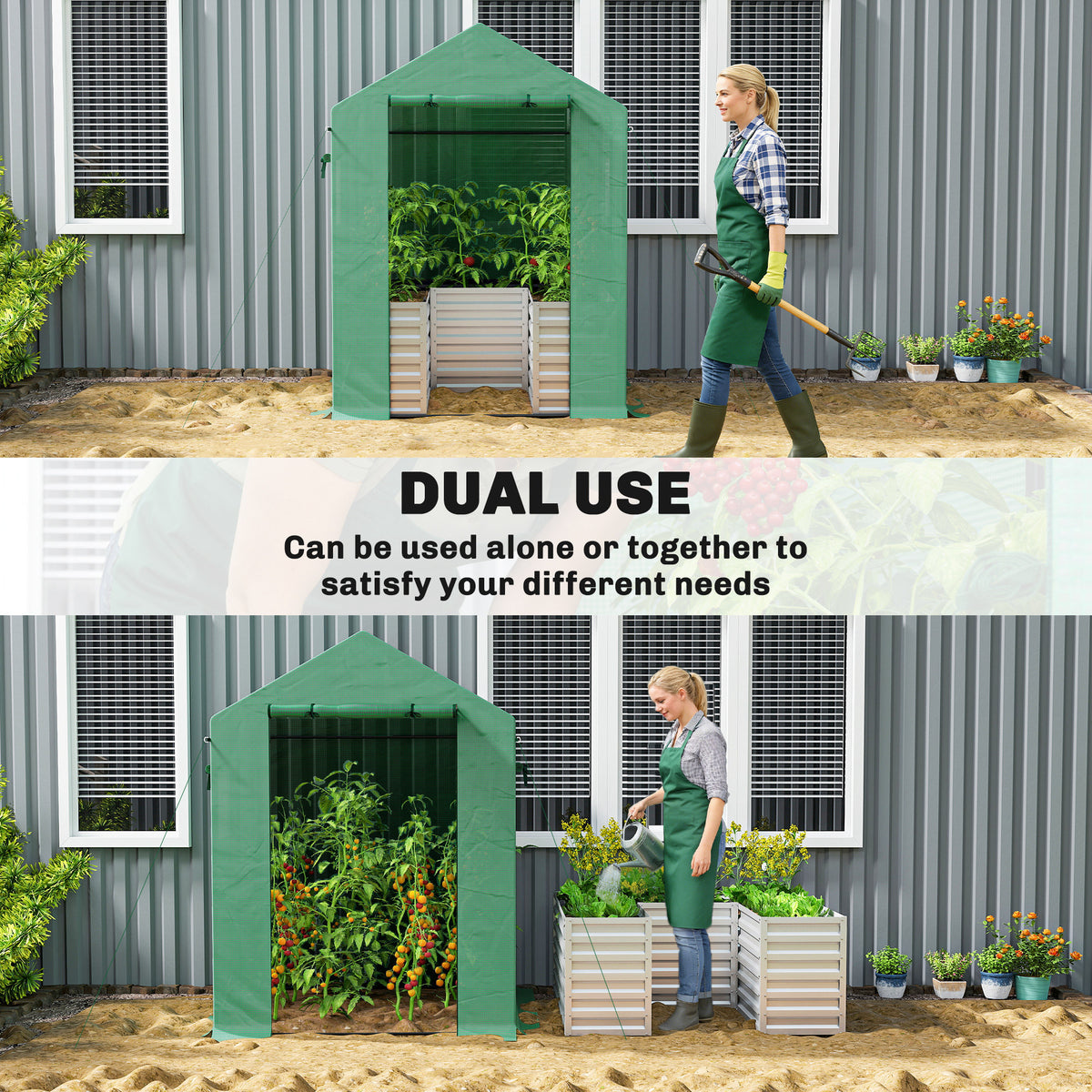 Greenhouse with Raised Garden Bed, Galvanized Metal Planter Box with PE Cover, Roll Up Door – view 3
