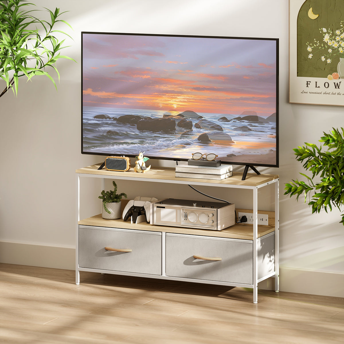 TV Stand with Charging Station, TV Table with 2 Foldable Linen Drawers and Open Shelf for 47 Inch – view 34