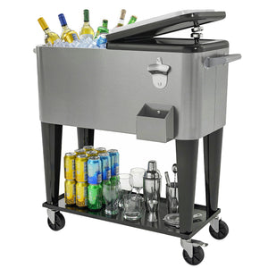 80 Quart Rolling Patio Cooler Cart with Storage Shelf, Patio Cooler with Locking Wheels, Bottle Opener & Cap Catcher