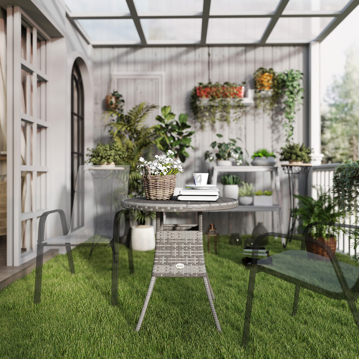 27.5" Outdoor Wicker Dining Table, PE Rattan Patio Furniture with Wood-plastic Composite Top, Grey – view 6