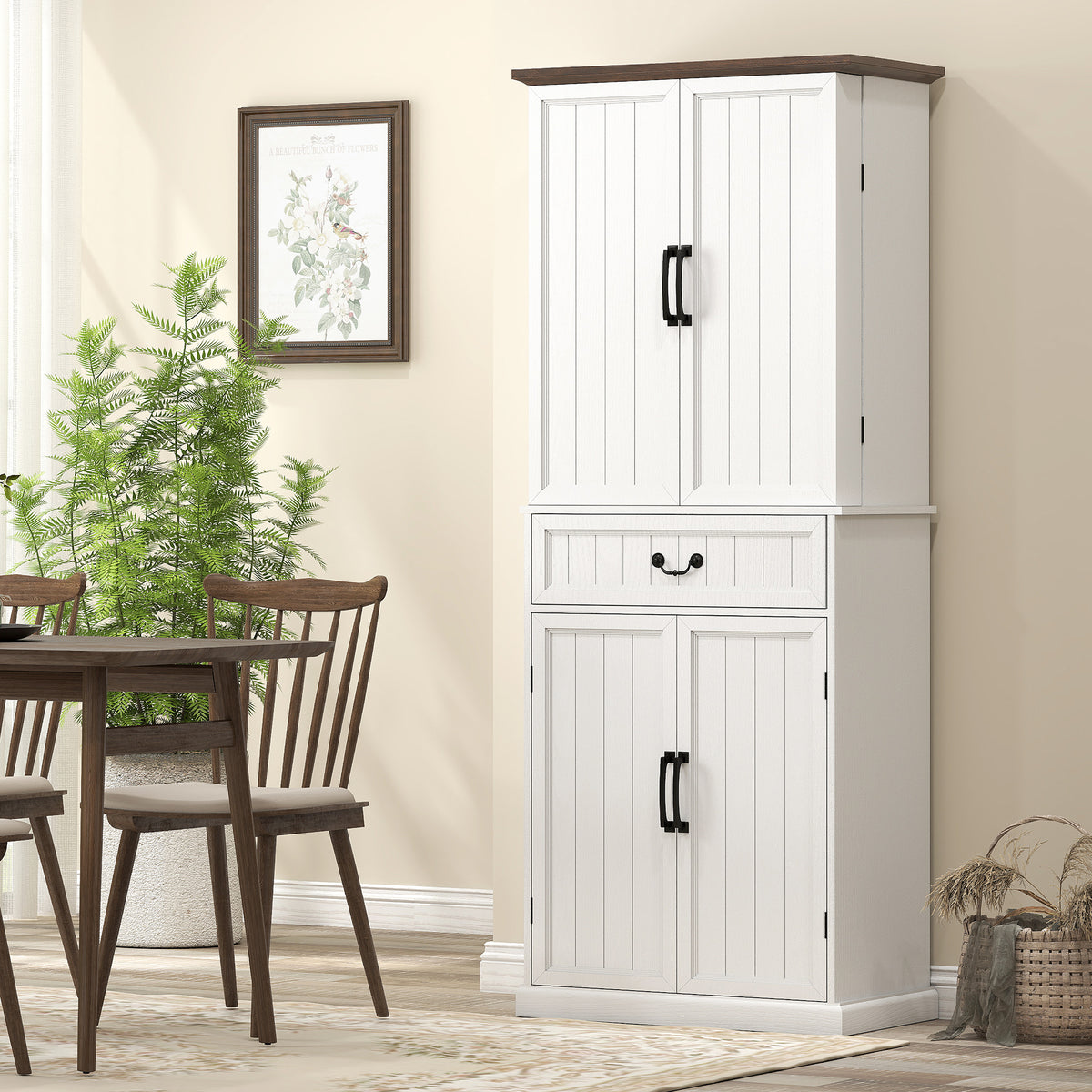 71" LED Kitchen Pantry Cabinet, Farmhouse Storage Cabinet with Door Shelves, Distressed White