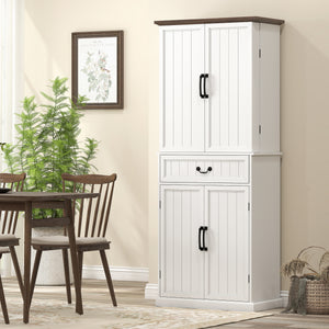 71" LED Kitchen Pantry Cabinet, Farmhouse Storage Cabinet with Door Shelves, Distressed White