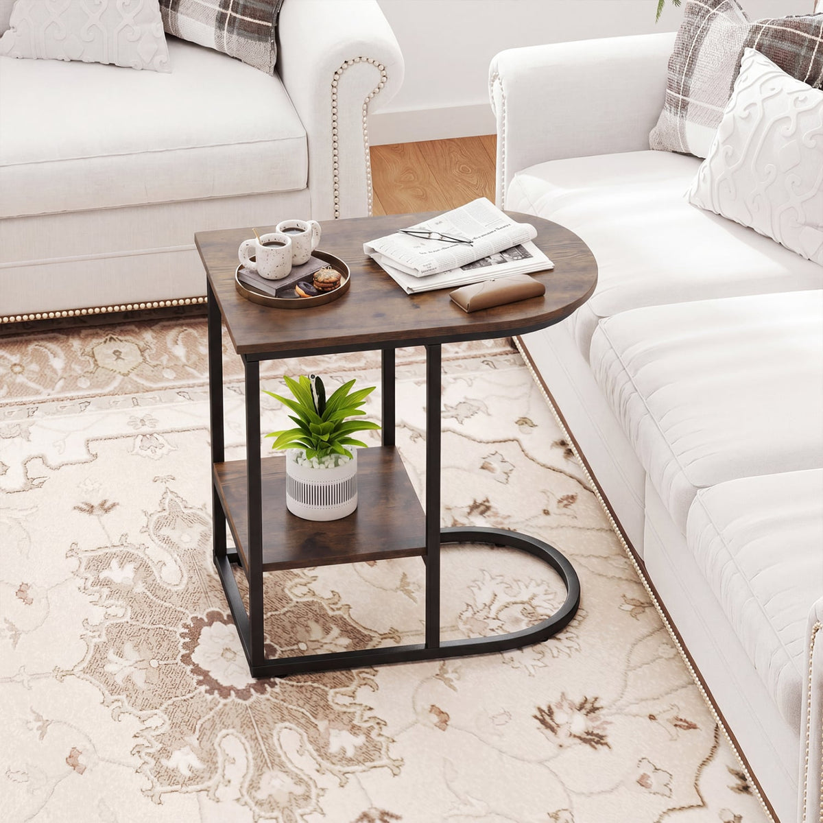 C-shaped Modern Sofa Side Table with Faux Marble Tabletop and Storage Shelf-Rustic Brown view 2