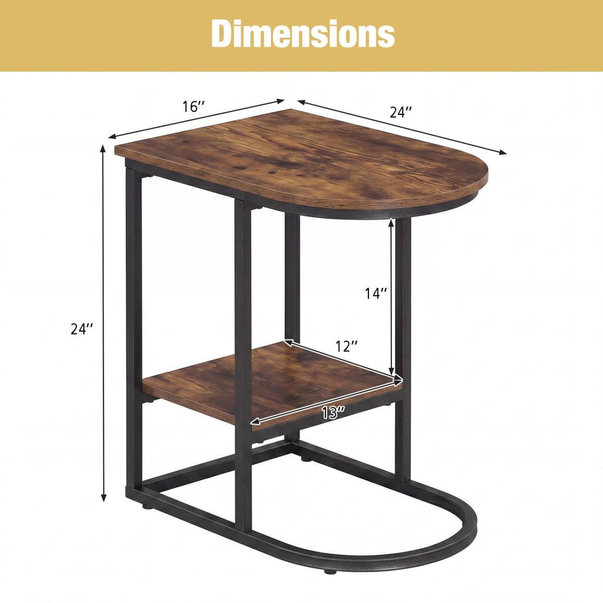 C-shaped Modern Sofa Side Table with Faux Marble Tabletop and Storage Shelf-Rustic Brown view 5