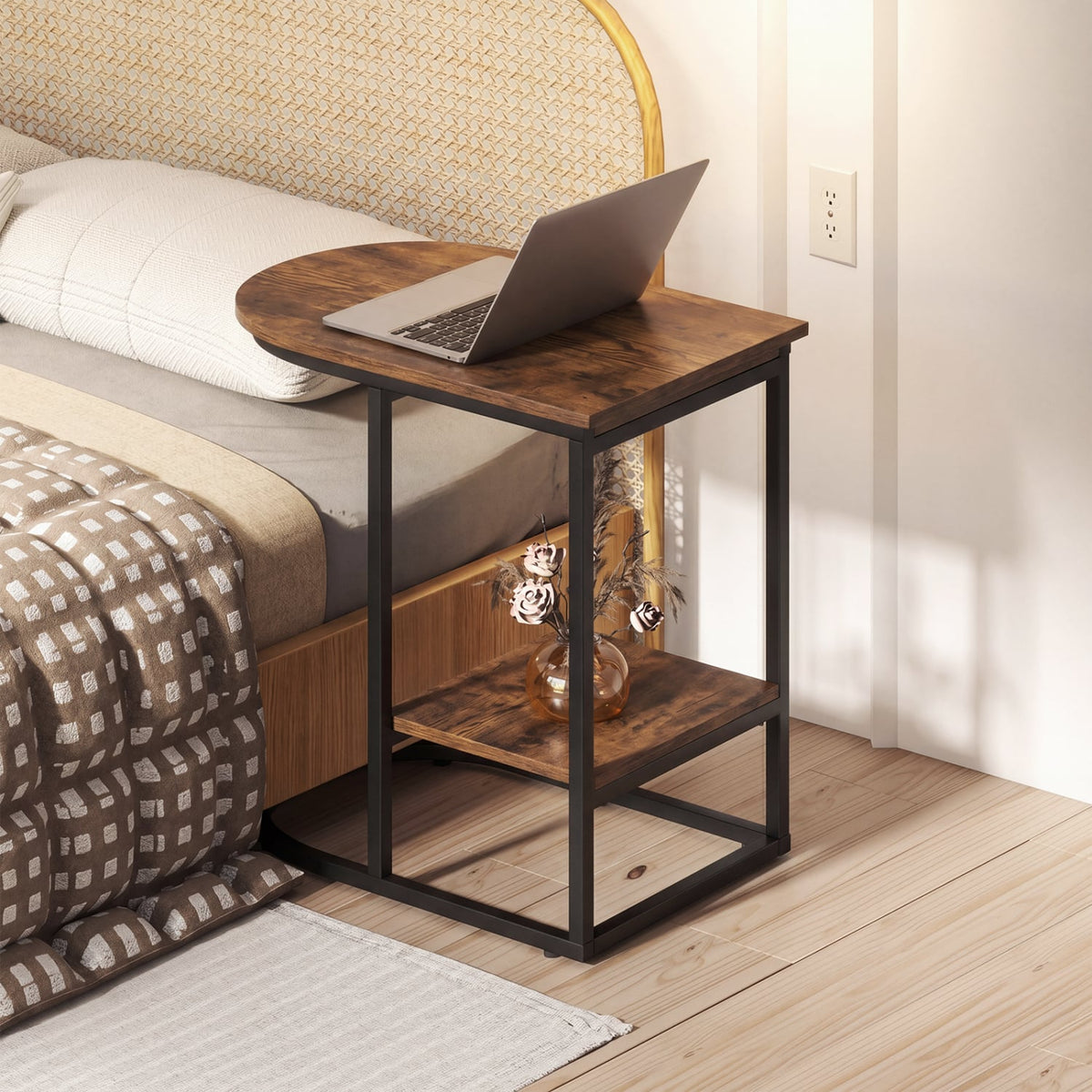 C-shaped Modern Sofa Side Table with Faux Marble Tabletop and Storage Shelf-Rustic Brown view 6