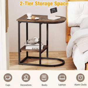 C-shaped Modern Sofa Side Table with Faux Marble Tabletop and Storage Shelf-Rustic Brown view 8