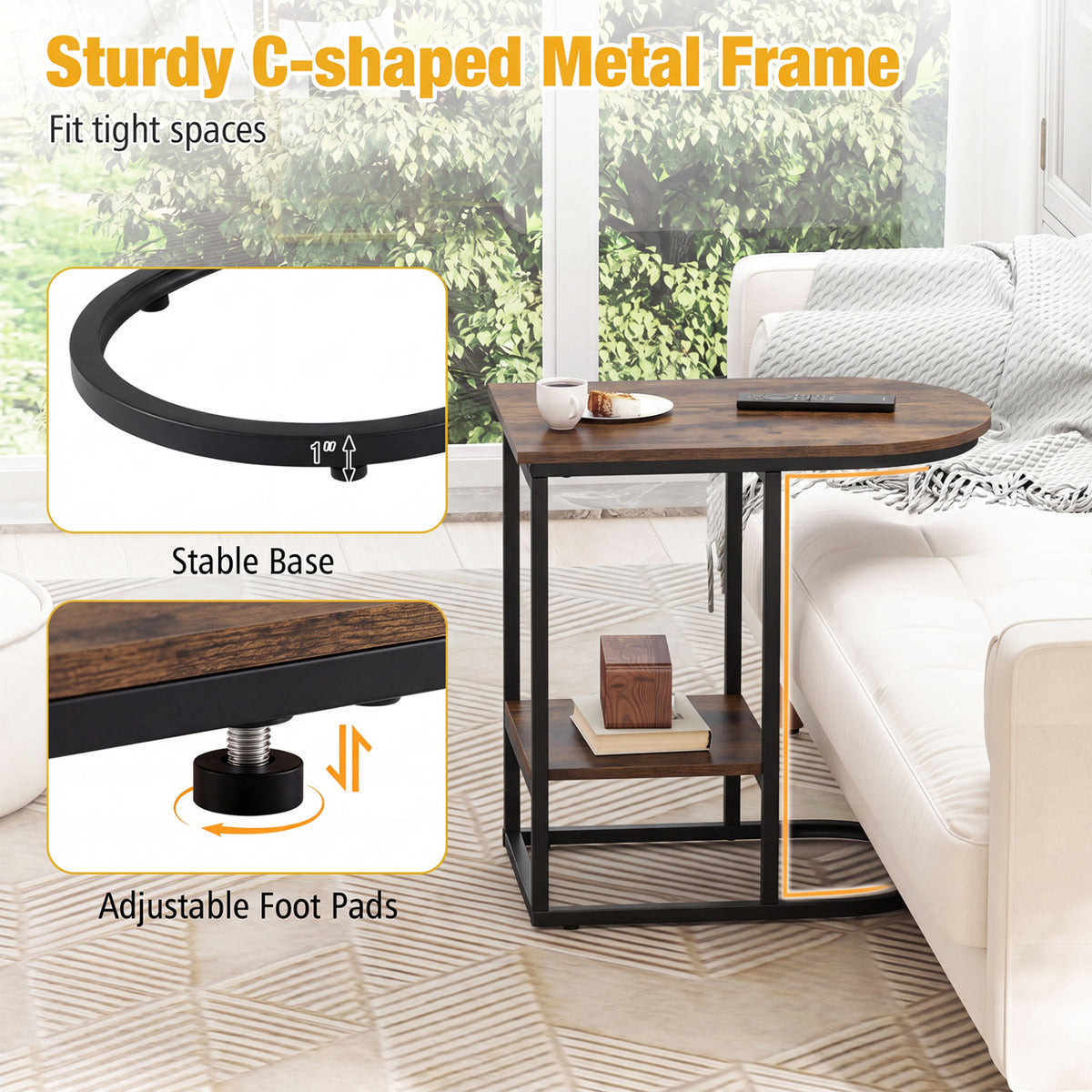 C-shaped Modern Sofa Side Table with Faux Marble Tabletop and Storage Shelf-Rustic Brown view 9