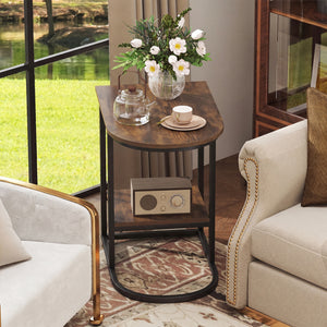 C-shaped Modern Sofa Side Table with Storage Shelf Faux and Marble Tabletop -Rustic Brown view 2