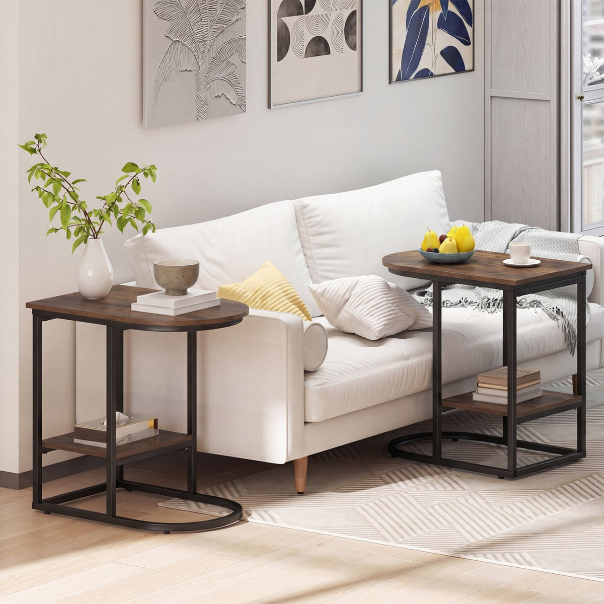 C-shaped Modern Sofa Side Table with Storage Shelf Faux and Marble Tabletop -Rustic Brown view 3