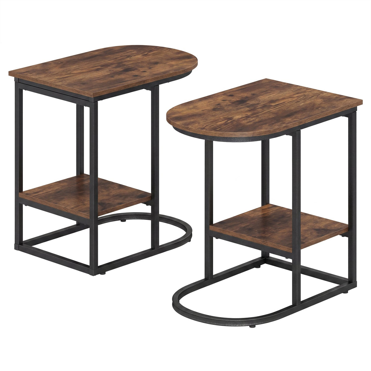 C-shaped Modern Sofa Side Table with Storage Shelf Faux and Marble Tabletop -Rustic Brown