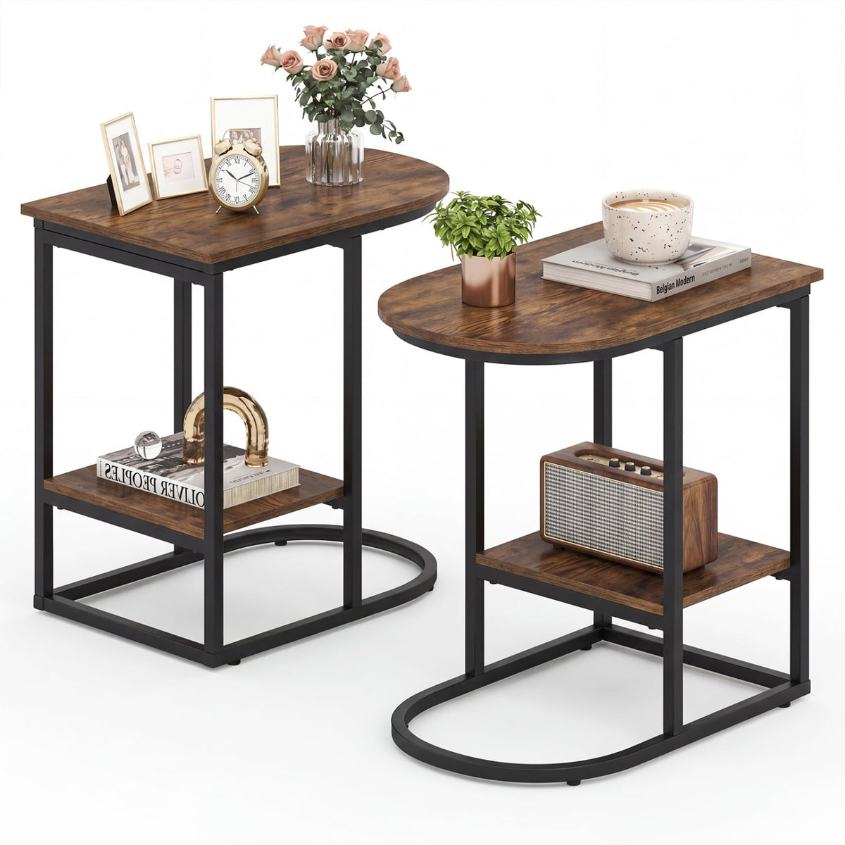 C-shaped Modern Sofa Side Table with Storage Shelf Faux and Marble Tabletop -Rustic Brown view 4