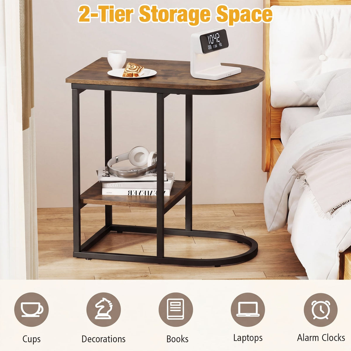 C-shaped Modern Sofa Side Table with Storage Shelf Faux and Marble Tabletop -Rustic Brown view 7