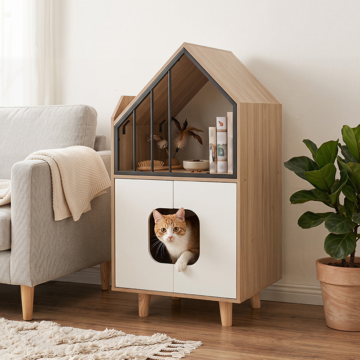 Cat Litter Box Enclosure with Shelf and 2 Doors Wooden House-Shaped for IndoorNatural view 2