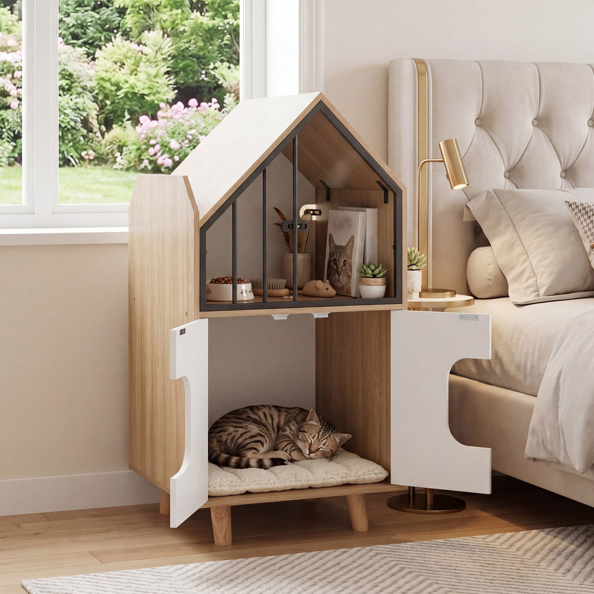 Cat Litter Box Enclosure with Shelf and 2 Doors Wooden House-Shaped for IndoorNatural view 3
