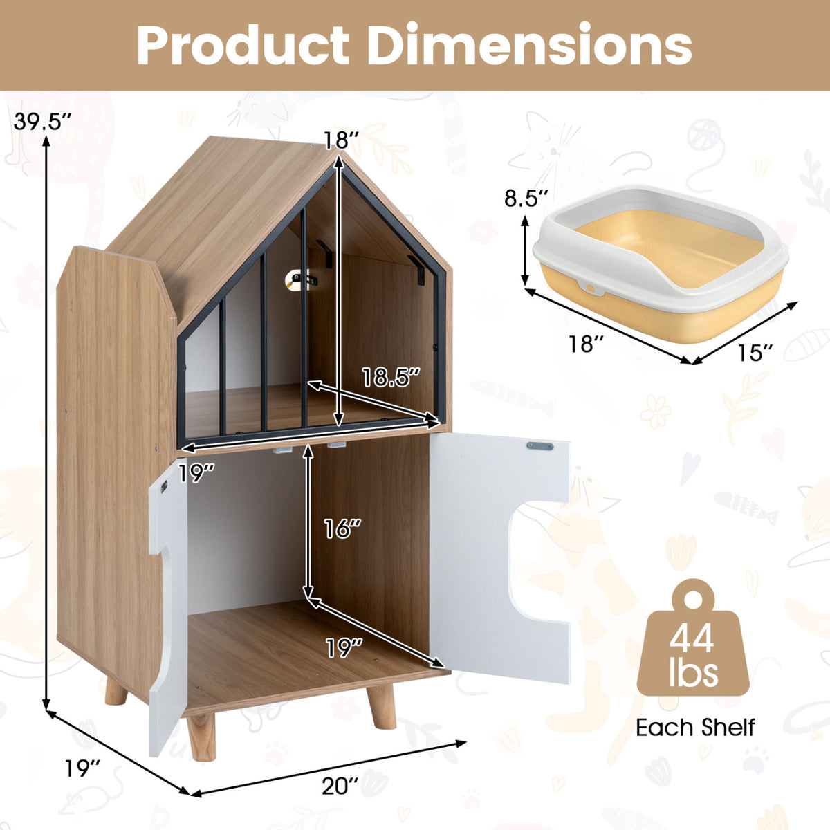 Cat Litter Box Enclosure with Shelf and 2 Doors Wooden House-Shaped for IndoorNatural view 5