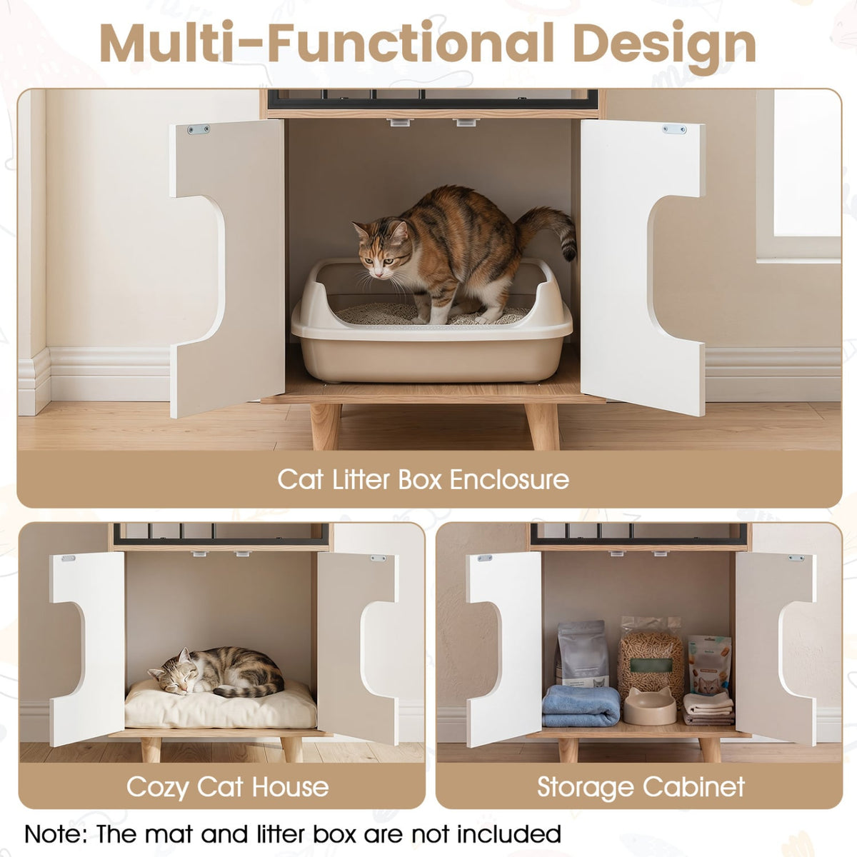 Cat Litter Box Enclosure with Shelf and 2 Doors Wooden House-Shaped for IndoorNatural view 6