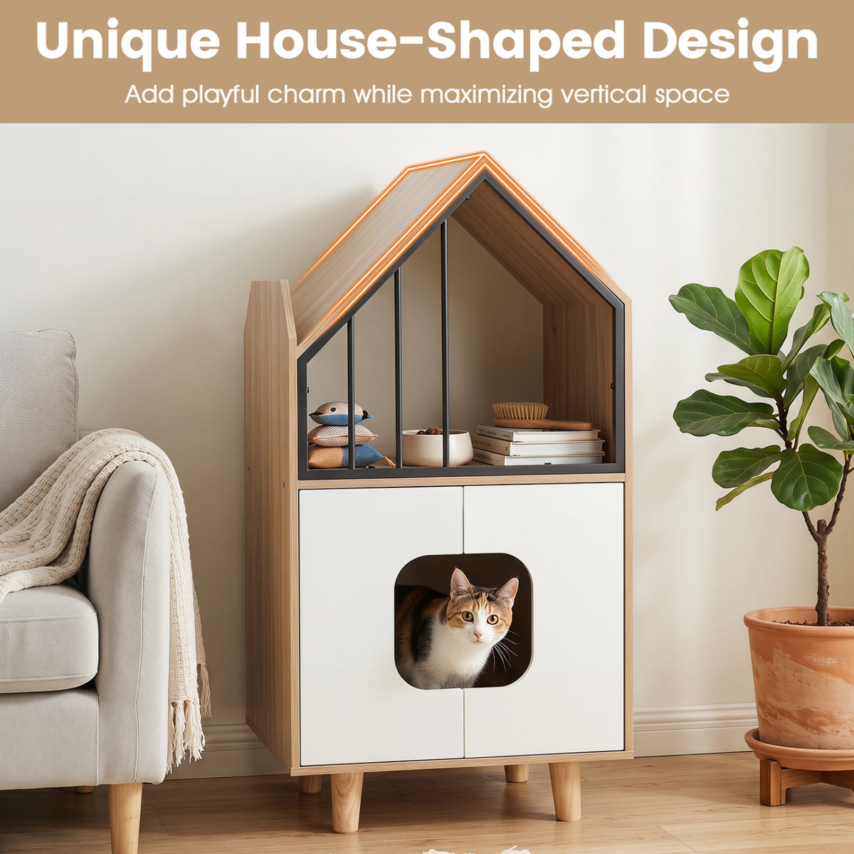 Cat Litter Box Enclosure with Shelf and 2 Doors Wooden House-Shaped for IndoorNatural view 9