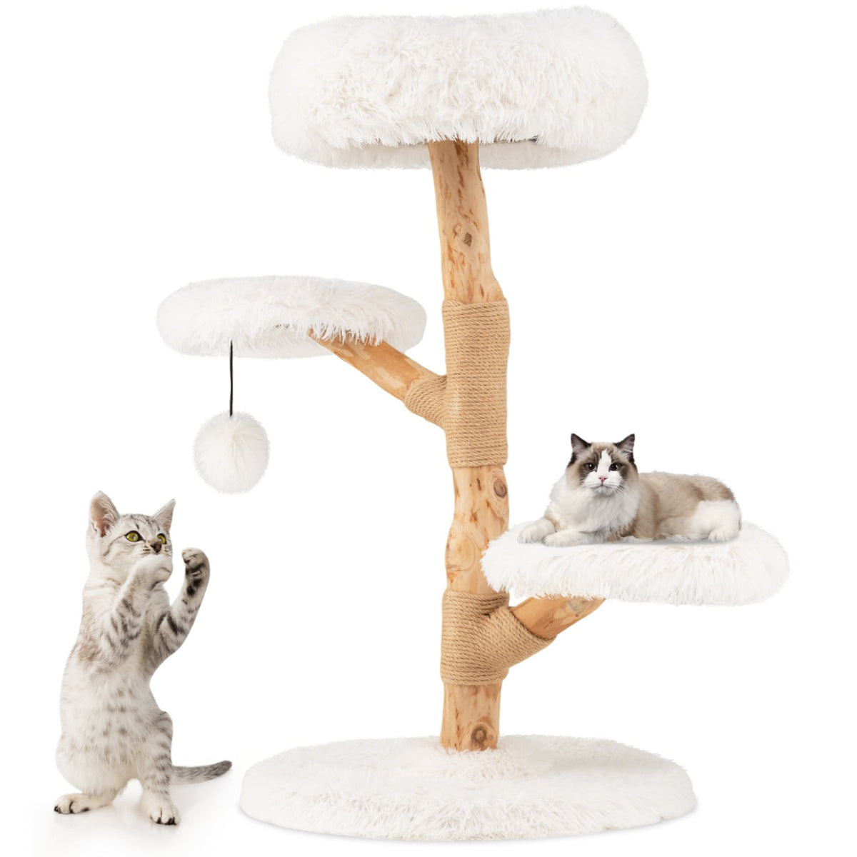 Cat Tree Solid Pear Wood with Perch and Natural Jute Scratching Posts-White view 4