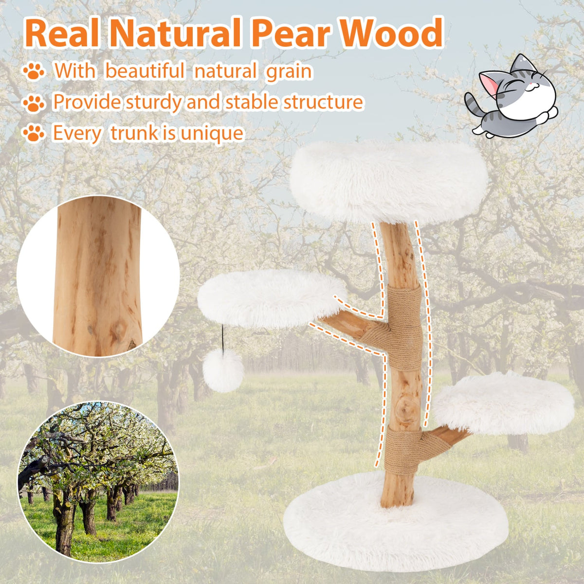 Cat Tree Solid Pear Wood with Perch and Natural Jute Scratching Posts-White view 6