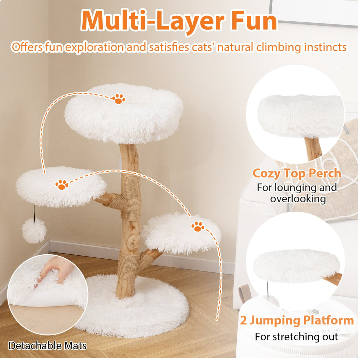 Cat Tree Solid Pear Wood with Perch and Natural Jute Scratching Posts-White view 7