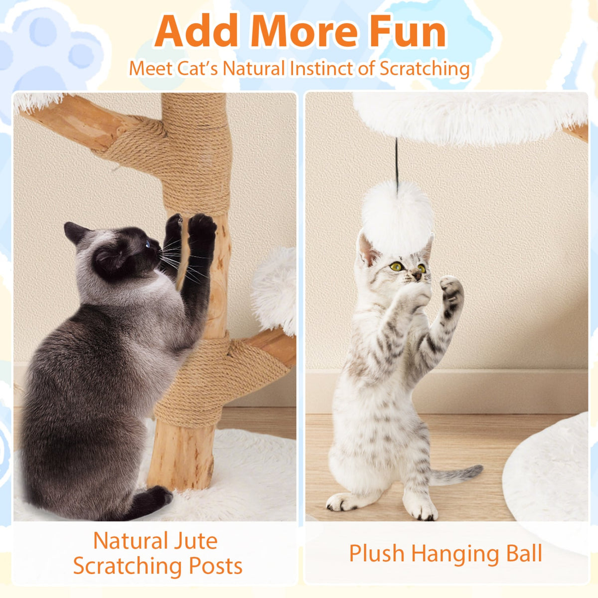 Cat Tree Solid Pear Wood with Perch and Natural Jute Scratching Posts-White view 8