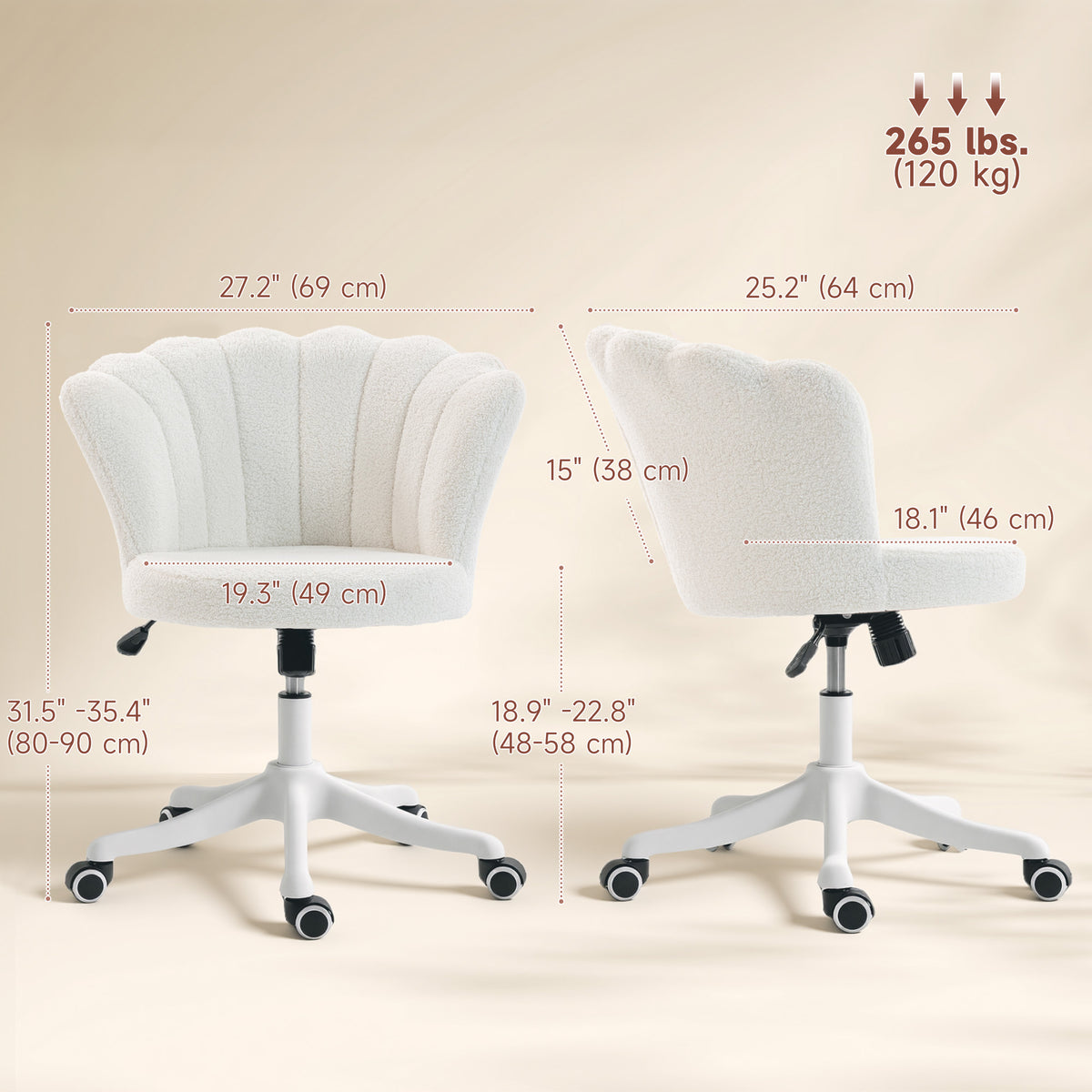 Office Chair, Armless Swivel Desk Chair with Adjustable Height, Backrest, Tilt Function for Office, Vanity, Cream White
