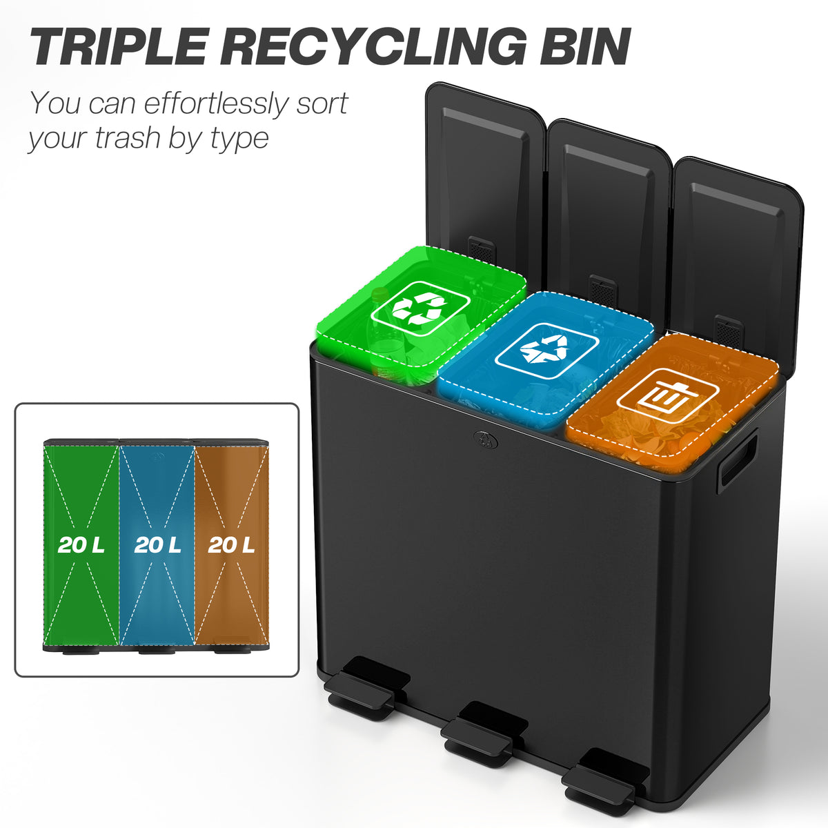 Garbage Bin, Soft-Close Trash Can with Foot Pedal, 3x5 Gallon (3x20 L) Garbage Can with Removable Inner – view 3