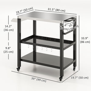 Outdoor Kitchen Bar Cart BBQ Table with Wheels, Stainless Steel Pizza Oven Stand, Movable Prep Table with Hooks