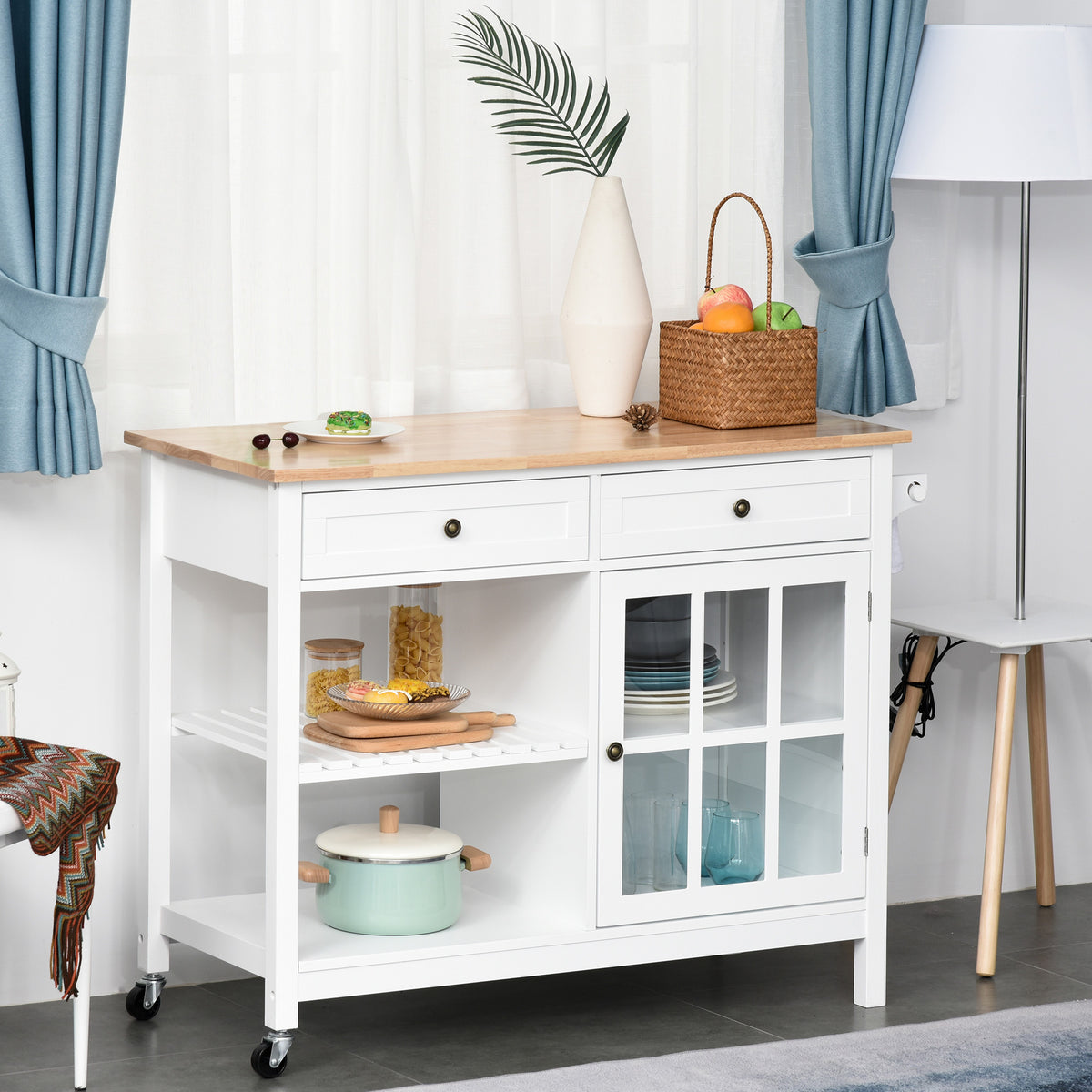 Kitchen Cart on Wheels, Utility Storage Island with Rubber Wood Top, Towel Rack, Cabinets, Drawers, White
