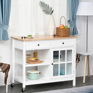 Kitchen Cart on Wheels, Utility Storage Island with Rubber Wood Top, Towel Rack, Cabinets, Drawers, White
