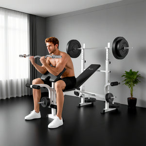 Soozier Bench Press Set Adjustable Weight Bench with Squat Rack, Preacher Curl Pad, Leg Developer and Weight Storage