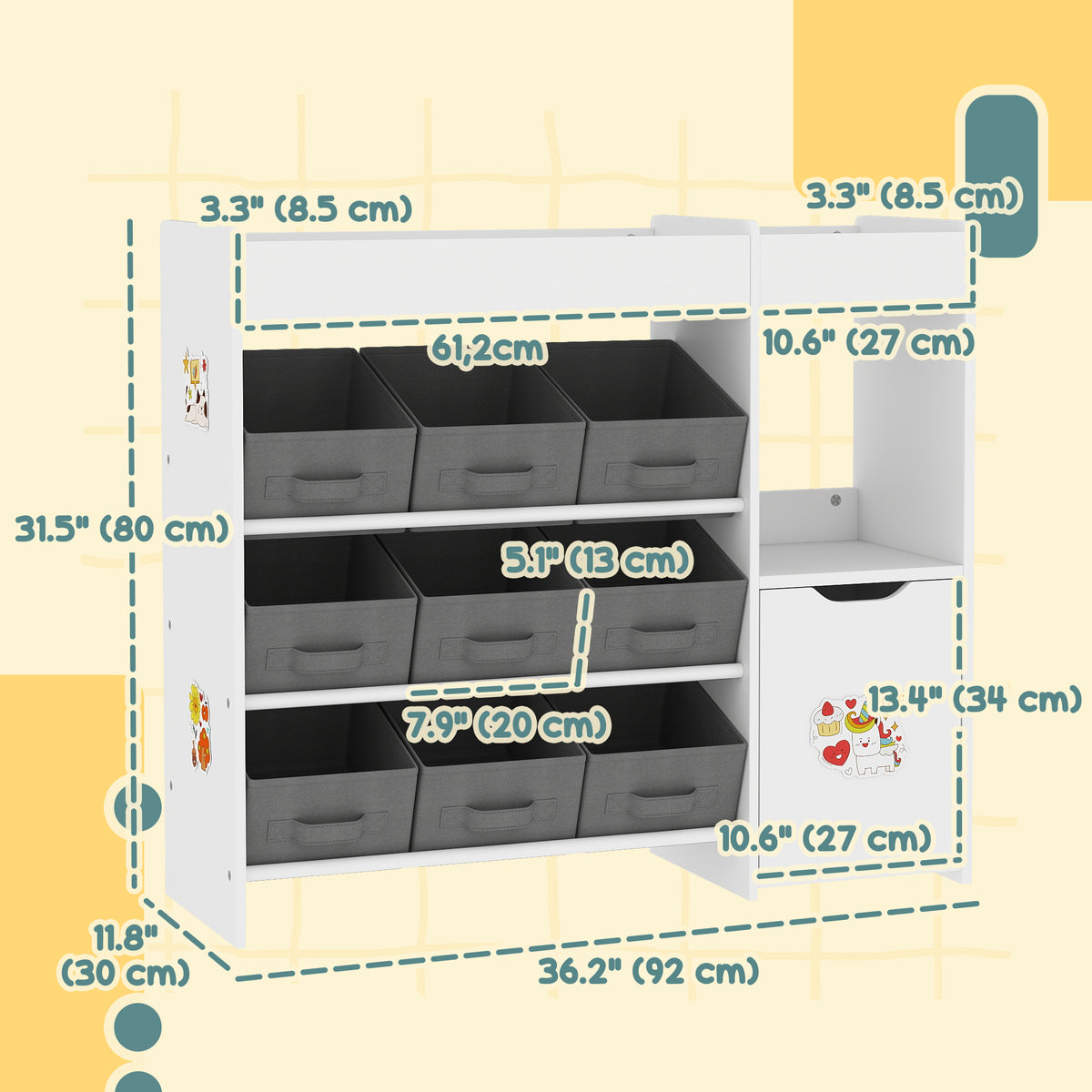 Qaba Toy Storage Organizer with 9 Non-Woven Fabric Boxes, Storage Cabinet & Shelves, for Kids Room, Nursery, Playroom White