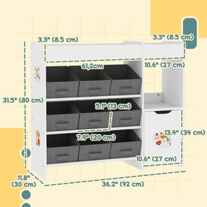 Qaba Toy Storage Organizer with 9 Non-Woven Fabric Boxes, Storage Cabinet & Shelves, for Kids Room, Nursery, Playroom White