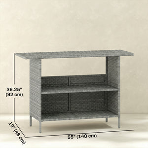 Wicker Outdoor Bar Table, PE Rattan Bar Height Patio Table with 2 Shelves, Steel Frame for Garden, Backyard, Dark Grey