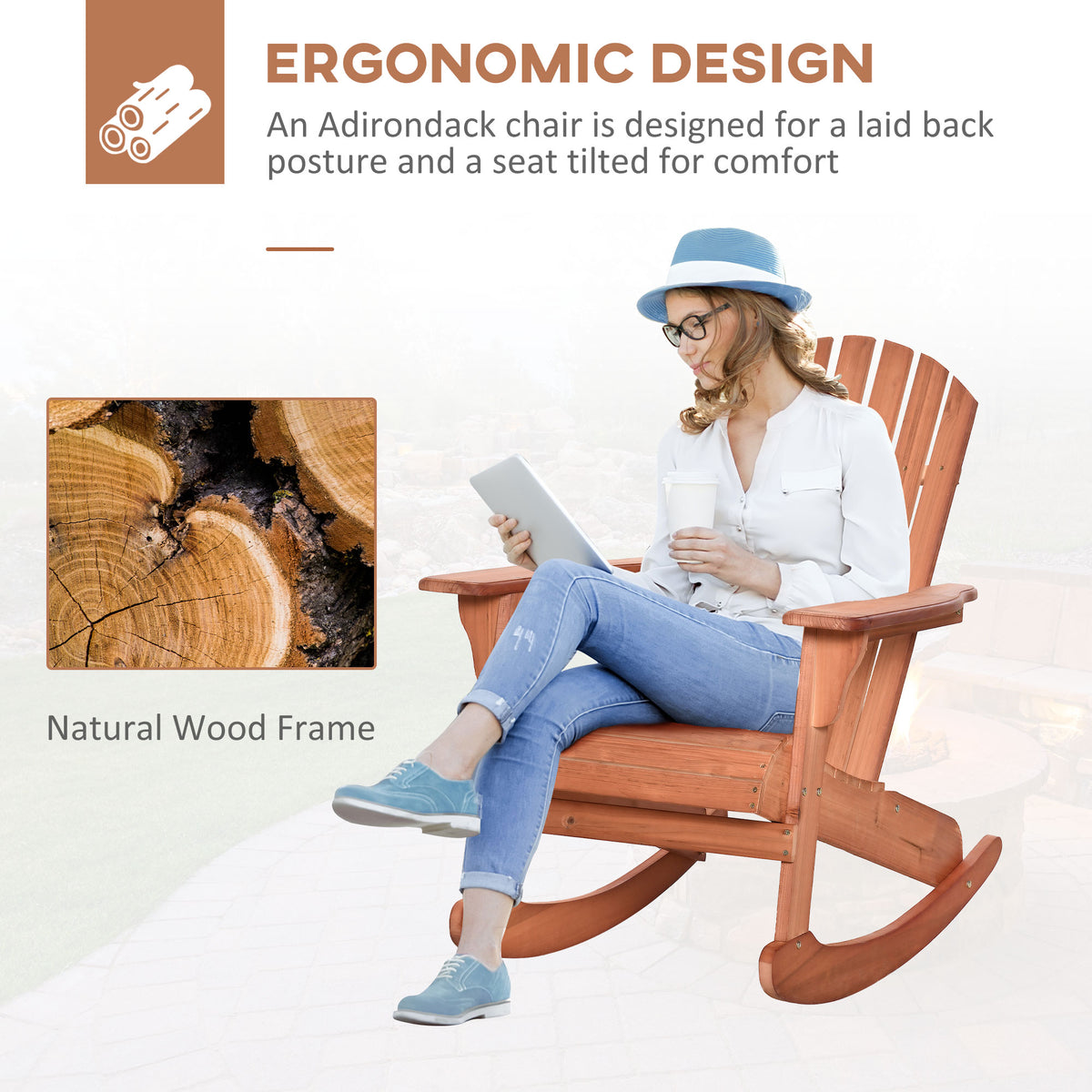 Wooden Adirondack Rocking Muskoka Chair with Slatted Wooden Design, Fanned Back and Classic Rustic Style – view 4