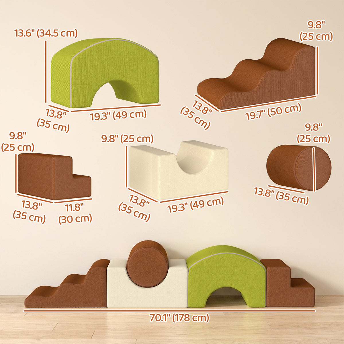Qaba 5-Piece Foam Climbing Blocks with Non-Slip Bottom, Removable Washable Cover for Crawling or Building, Playroom, Nursery