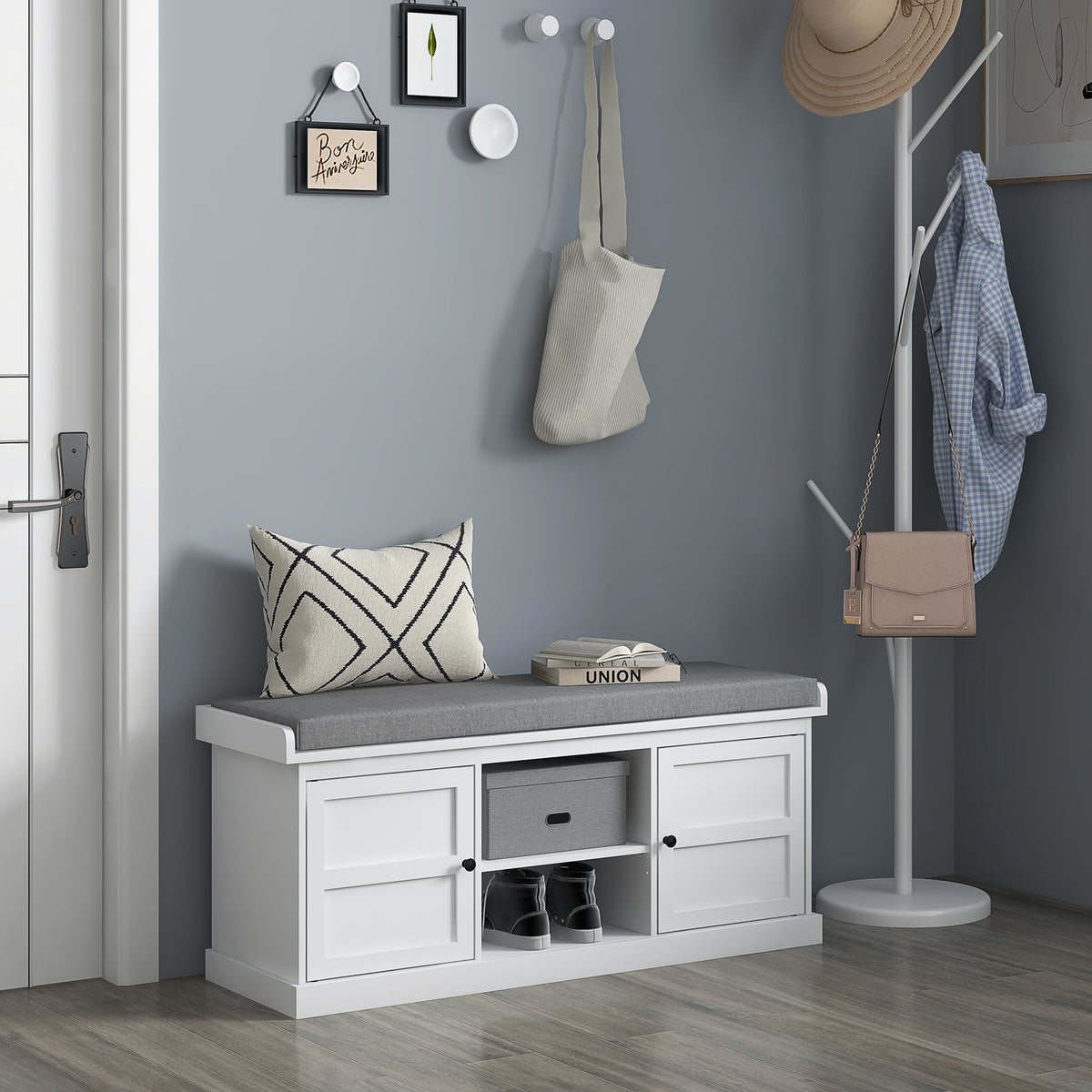 Shoe Storage Bench with Cushioned Seat, Entryway Bench Seat with 2 Cabinets and Adjustable Shelf for Hallway, White