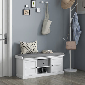 Shoe Storage Bench with Cushioned Seat, Entryway Bench Seat with 2 Cabinets and Adjustable Shelf for Hallway, White