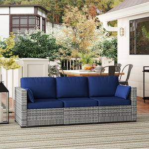 3-Seater Patio Sofa with Cushions, Rattan Conversation Set with Steel Frame & Washable Cushion Covers, Dark Blue